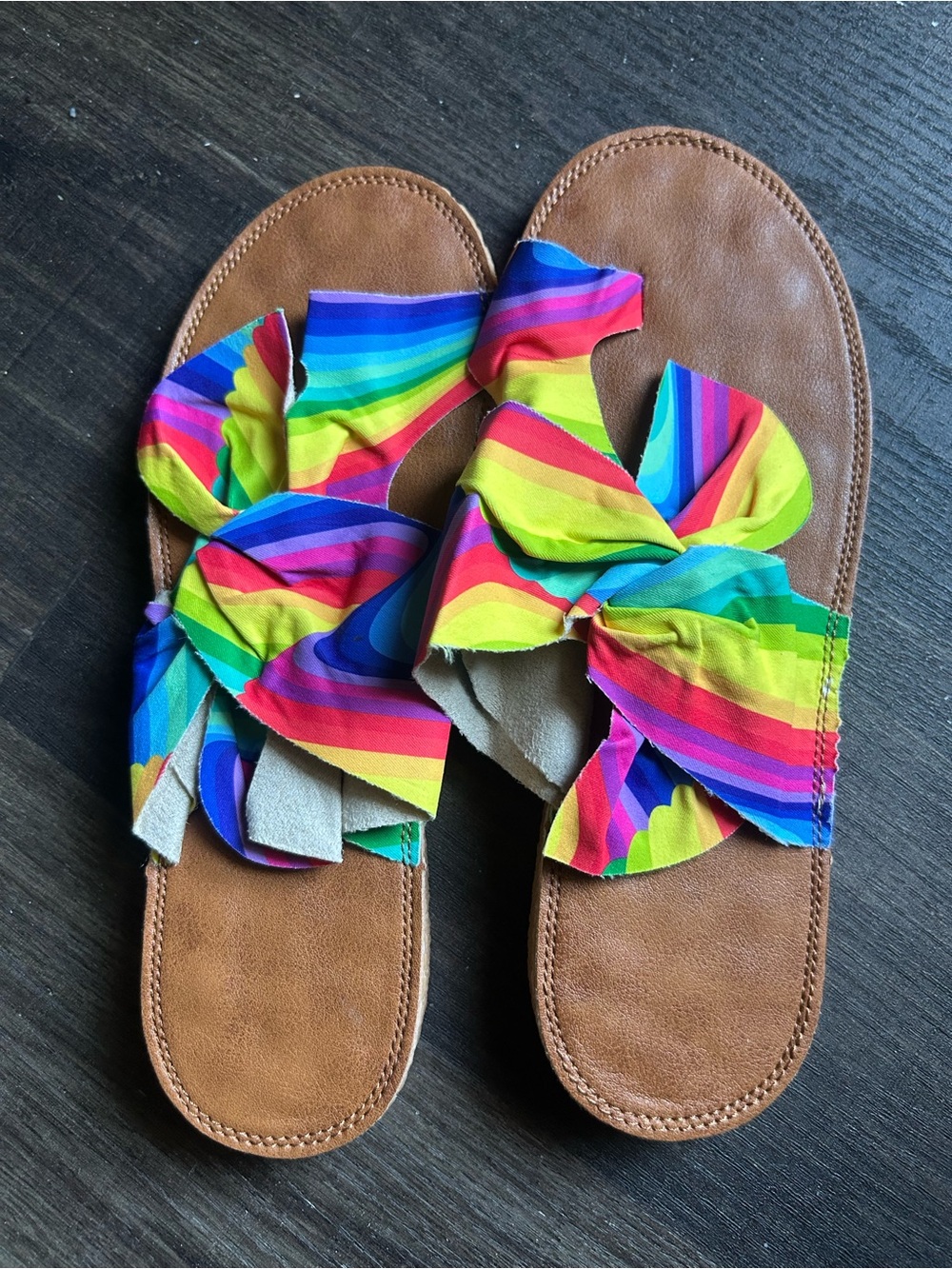 Brown Slide Sandals with Multicolor Rainbow Knot Bow
